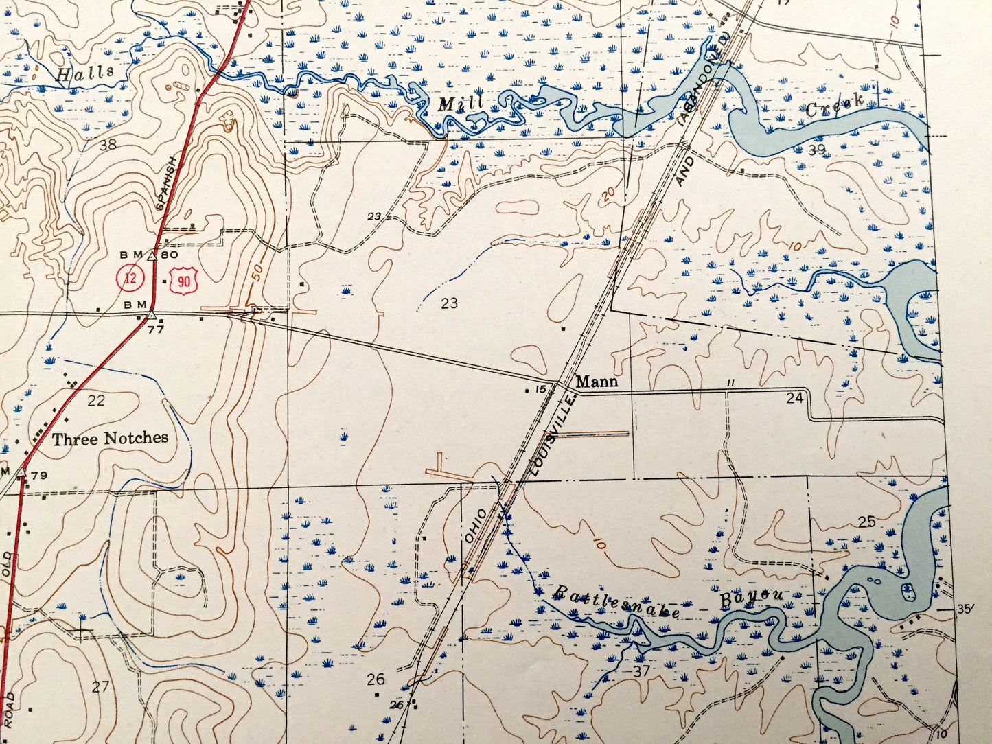 Antique Theodore, Alabama 1943 US Geological Survey Topographic Map– Mobile County, Lloyds, Mann, Three Notches, Irvington, Halls Mill Creek