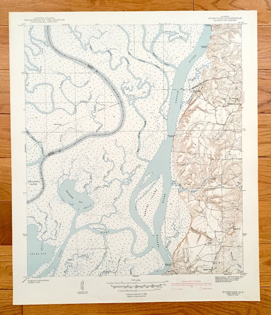 Antique Hurricane, Alabama 1943 US Geological Survey Topographic Map – Baldwin County, Tensaw River, Chuckfee Bay, Mobile River, Grand Bay