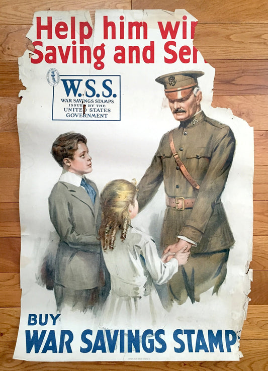 Original 1918 Help Him Win By Saving and Serving WWI Poster – Buy United States War Stamps, World War One, Doughboy, Army, France, Germany