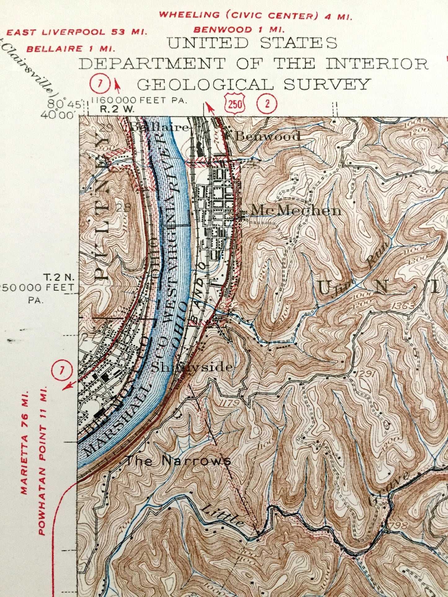 Antique Cameron, West Virginia 1942 US Geological Survey Topographic Map – Marshall County, Moundsville, McMechen, Washington, Meade, Rosbys