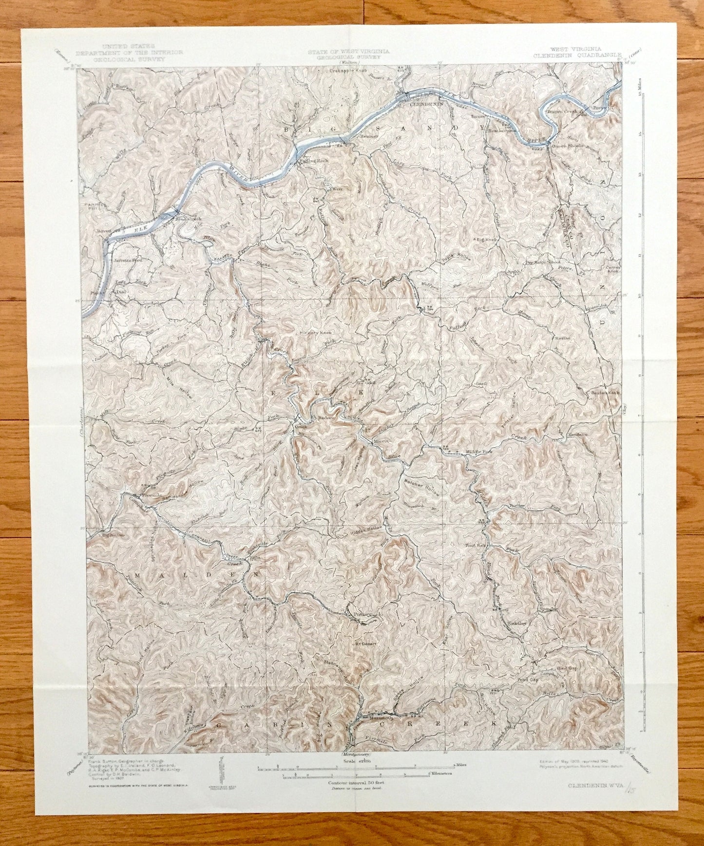 Antique Clendenin, West Virginia 1909 US Geological Survey Topographic Map – Kanawha County, Blue Creek, Putney, Union, Heatherman, Pond Gap