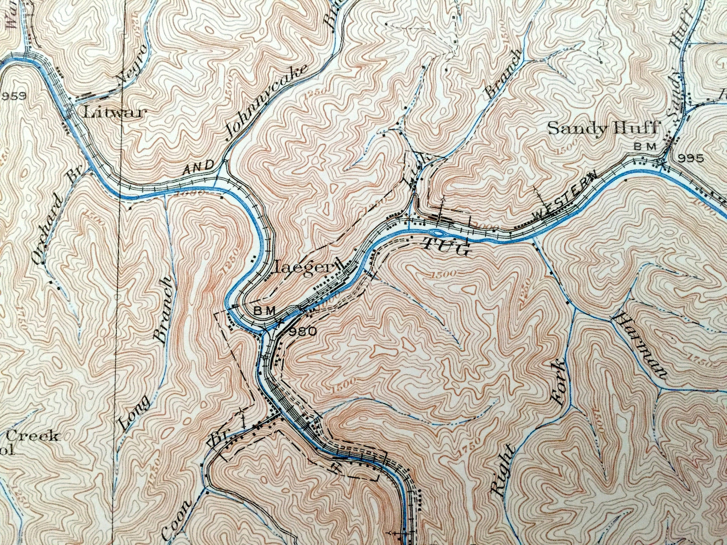 Antique Laeger, West Virginia 1927 US Geological Survey Topographic Map – McDowell County, Sandy Huff, Rockridge, Dwight, Atwell, Big Creek