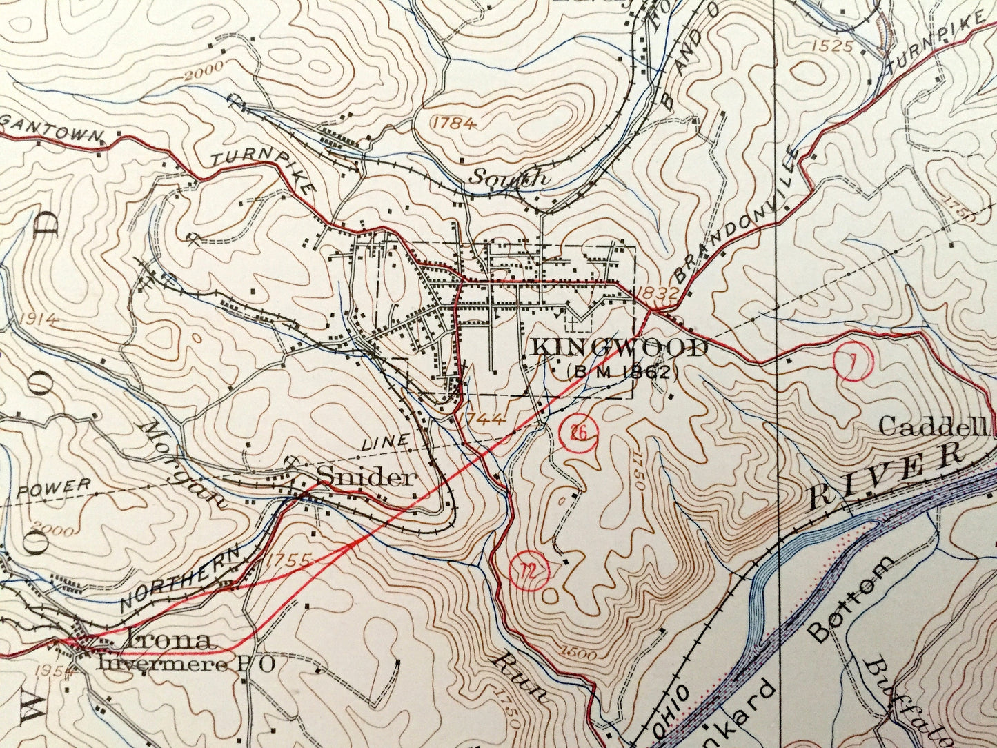 Antique Kingwood, West Virginia 1925 US Geological Survey Topographic Map – Preston County, Manown, Snider, Manheim, Freeport Amboy Erwin WV
