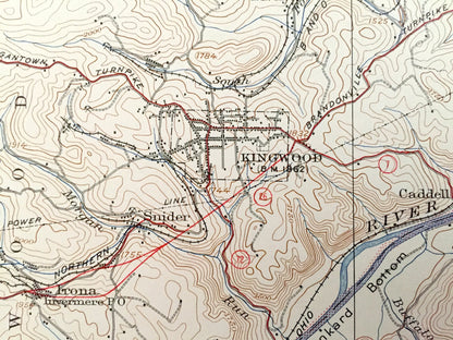 Antique Kingwood, West Virginia 1925 US Geological Survey Topographic Map – Preston County, Manown, Snider, Manheim, Freeport Amboy Erwin WV