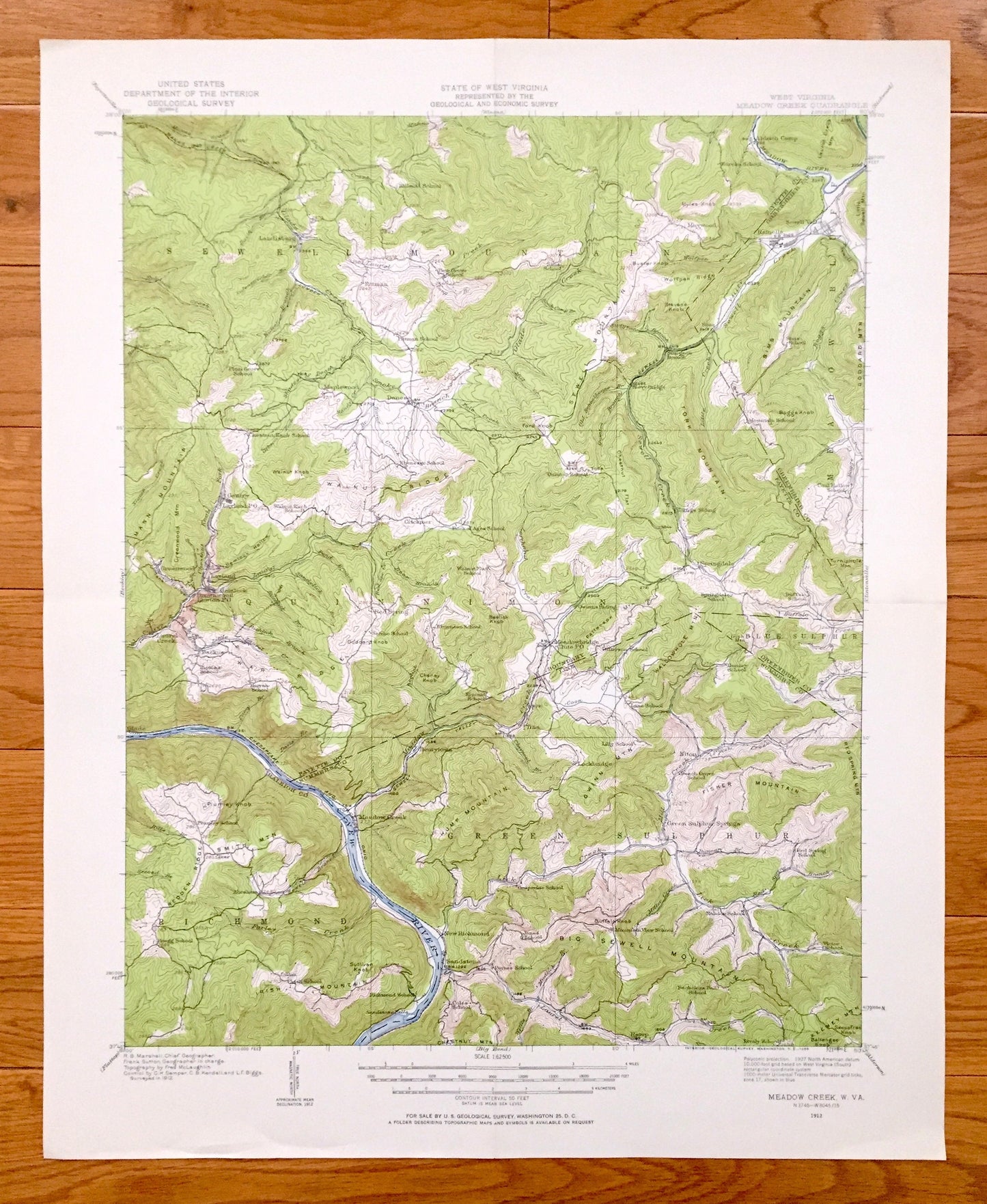 Antique Meadow Creek, West Virginia 1912 US Geological Survey Topographic Map – Summers County, Red Spring, Pittman, Hemlock, Laurel WV