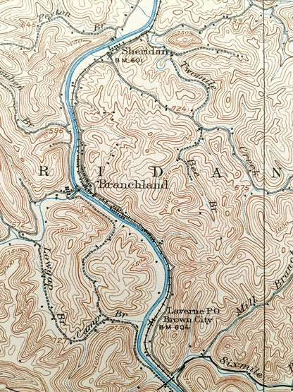 Antique Midkiff, West Virginia 1909 US Geological Survey Topographic Map – Lincoln County, Laverne, Brown City, Carroll, Palermo WV