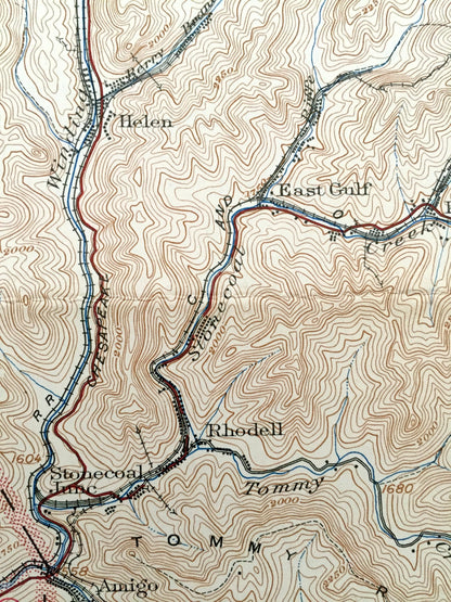 Antique Mullens, West Virginia 1927 US Geological Survey Topographic Map – Wyoming County, Elmore, Sophia, Oceana, McAlpin Lester Vanwood WV