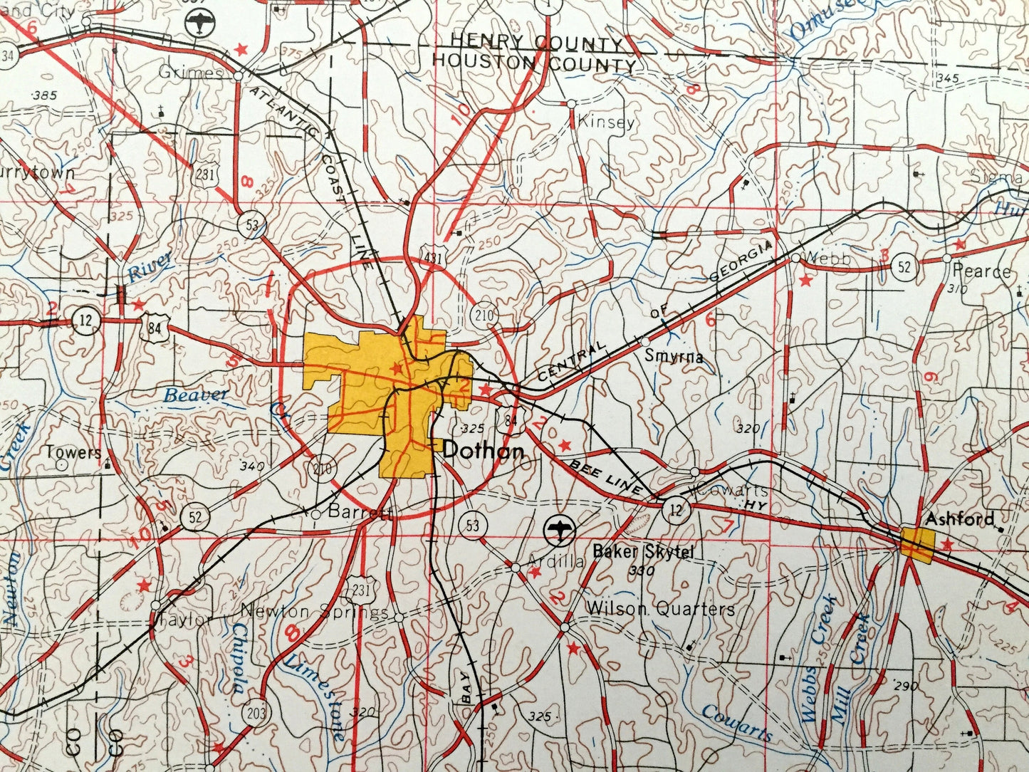 Antique Dothan, Alabama 1953 US Geological Survey Topographic Map – Georgia, Florida, Fort Rucker, Enterprise, Ozark, Headland, Ashford