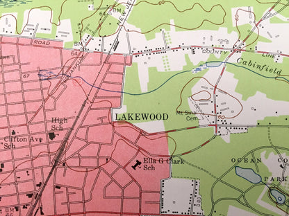 Antique Lakewood, New Jersey 1954 US Geological Survey Topographic Map – Ocean, Monmouth County, Brick, Toms River, Dover, Manchester, NJ