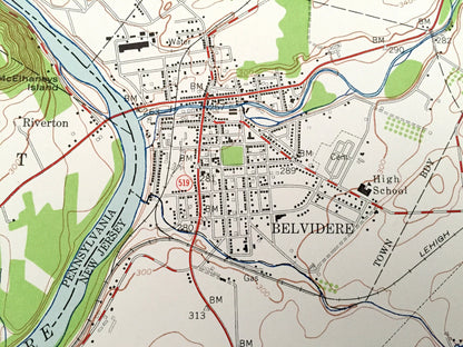 Antique Belvidere, New Jersey 1955 US Geological Survey Topographic Map – Warren, Northampton County, White, Harmony, Pennsylvania, NJ PA