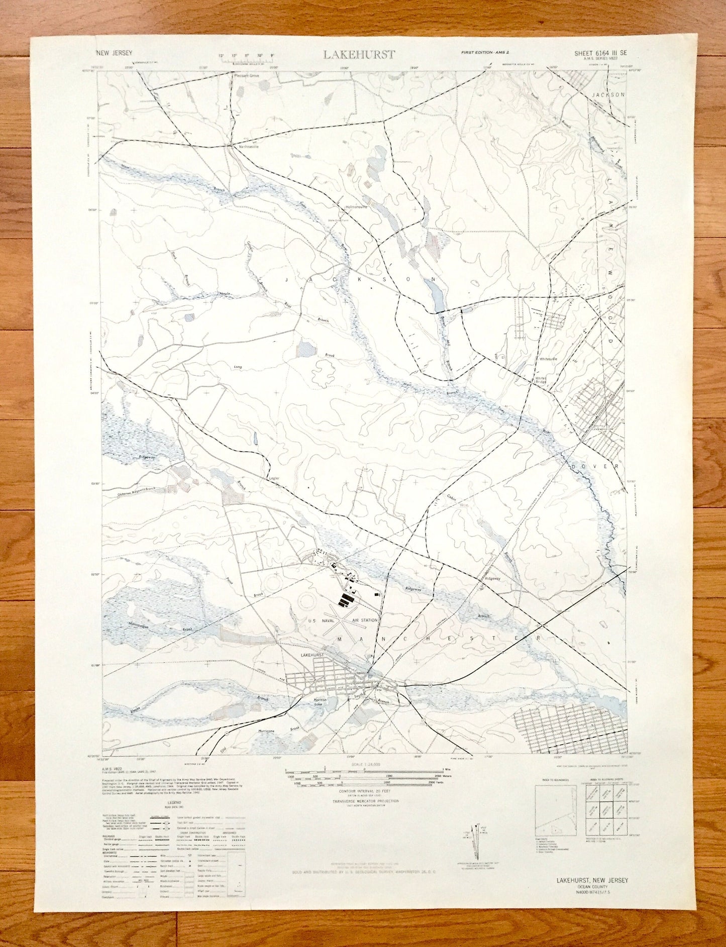 Antique Lakehurst, New Jersey 1947 US Geological Survey Topographic Map – Ocean County, Jackson, Manchester Dover Lakewood Pleasant Grove NJ