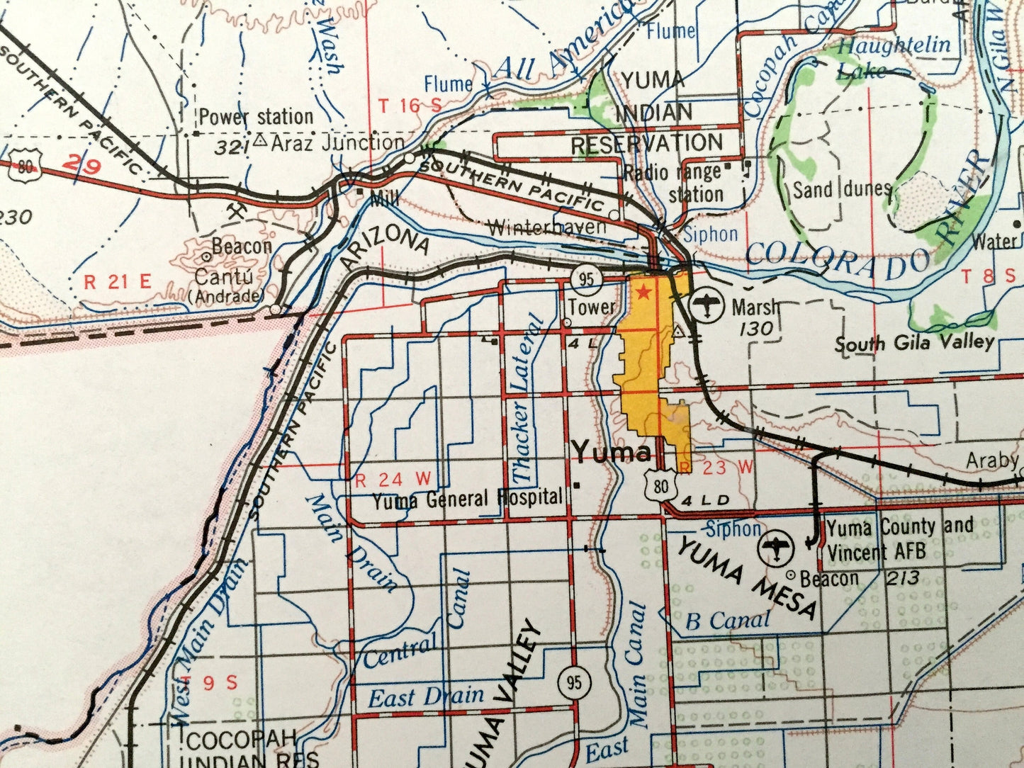 Antique El Centro, California 1964 US Geological Survey Topographic Map – Holtville, Calexico, Brawley, Dixieland, Seeley, Meloland, Arizona
