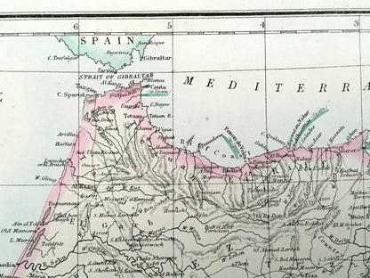 Antique 1863 Morocco Map by Weller & Weekly Dispatch – Strait of Gibraltar, Atlas Mountains, Algeria, Tangier, Rabat, Marrakesh, Fez, Oran