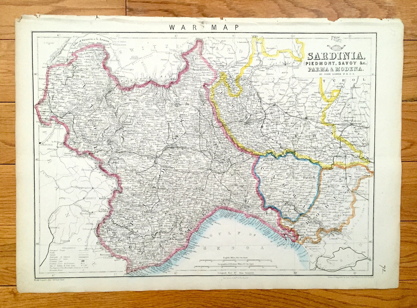 Antique 1863 Sardinia, Italy Map by Dower & Weekly Dispatch – Savoy, Piedmont, Lombardy, Parma, Modena, Genoa, Tyrol, Venice, Tuscany, Turin
