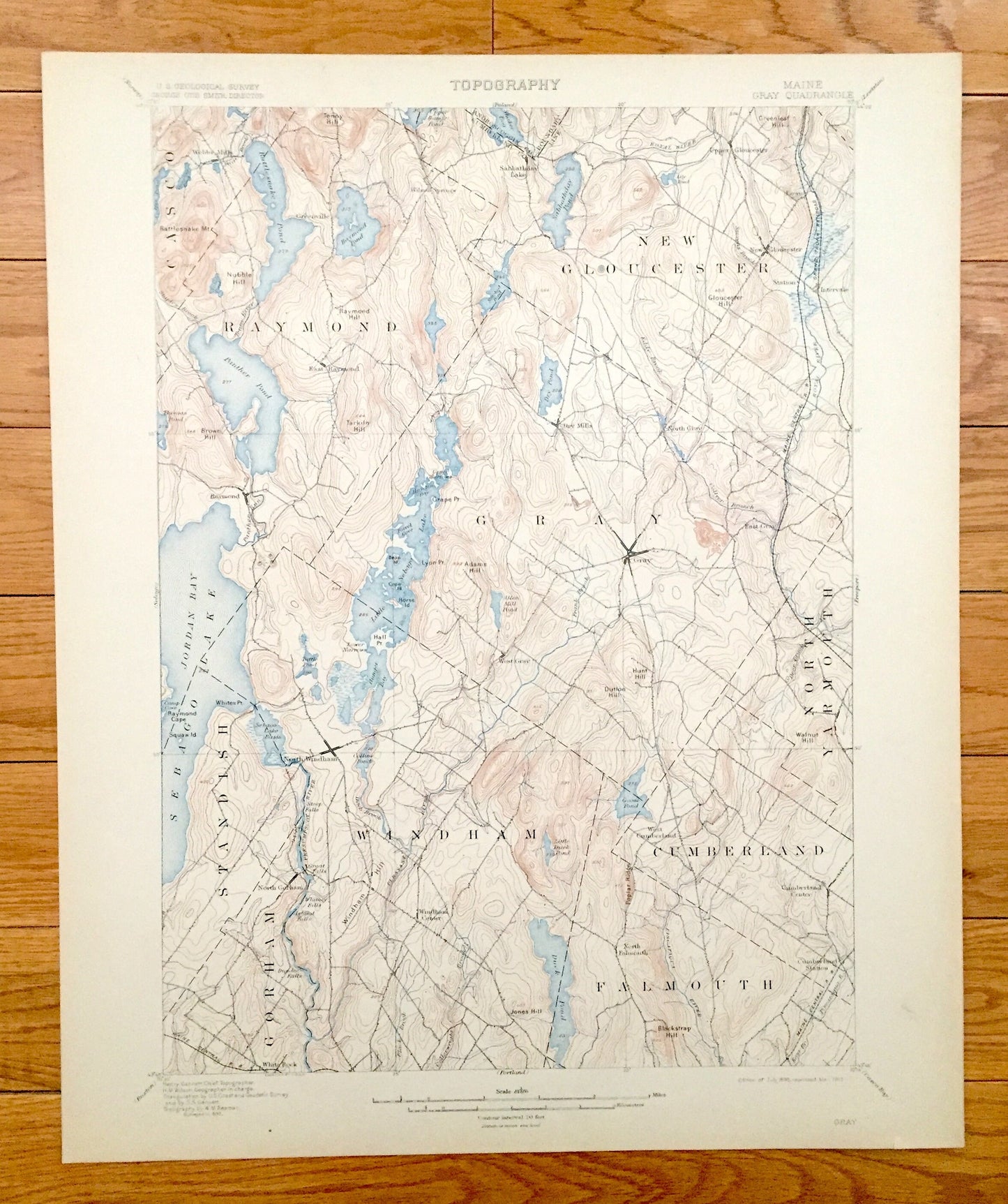 Antique Sebago Lake, Maine 1898 US Geological Survey Topographic Map – Cumberland County, Gray, Raymond, Poland, New Gloucester, Standish ME