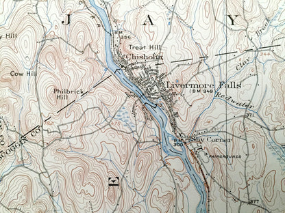 Antique Livermore Falls, Maine 1910 US Geological Survey Topographic Map – Androscoggin River & Lake, Wayne, Leeds, Fayette, Mount Vernon ME