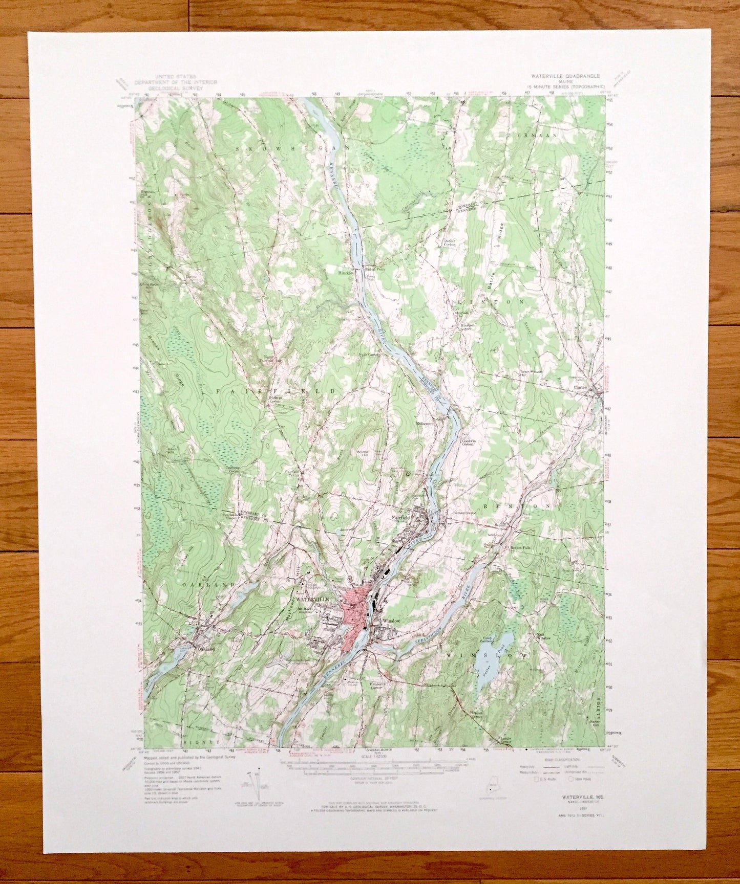 Antique Waterville, Maine 1957 US Geological Survey Topographic Map – Skowhegan, Fairfield, Clinton, Benton, Oakland, Somerset, Kennebec