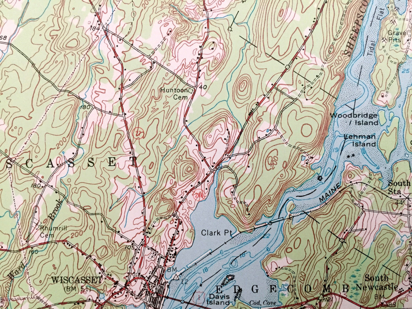 Antique Wiscasset, Maine 1957 US Geological Survey Topographic Map – Newcastle, Dresden, Alna, Damariscotta, Whitefield, Jefferson