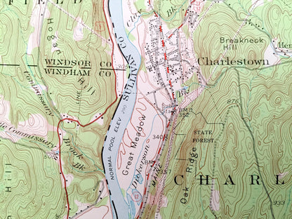 Antique Bellows Falls, Vermont & New Hampshire 1957 US Geological Survey Topographic Map – Walpole, Rockingham, Charlestown, Gilsum Surry VT