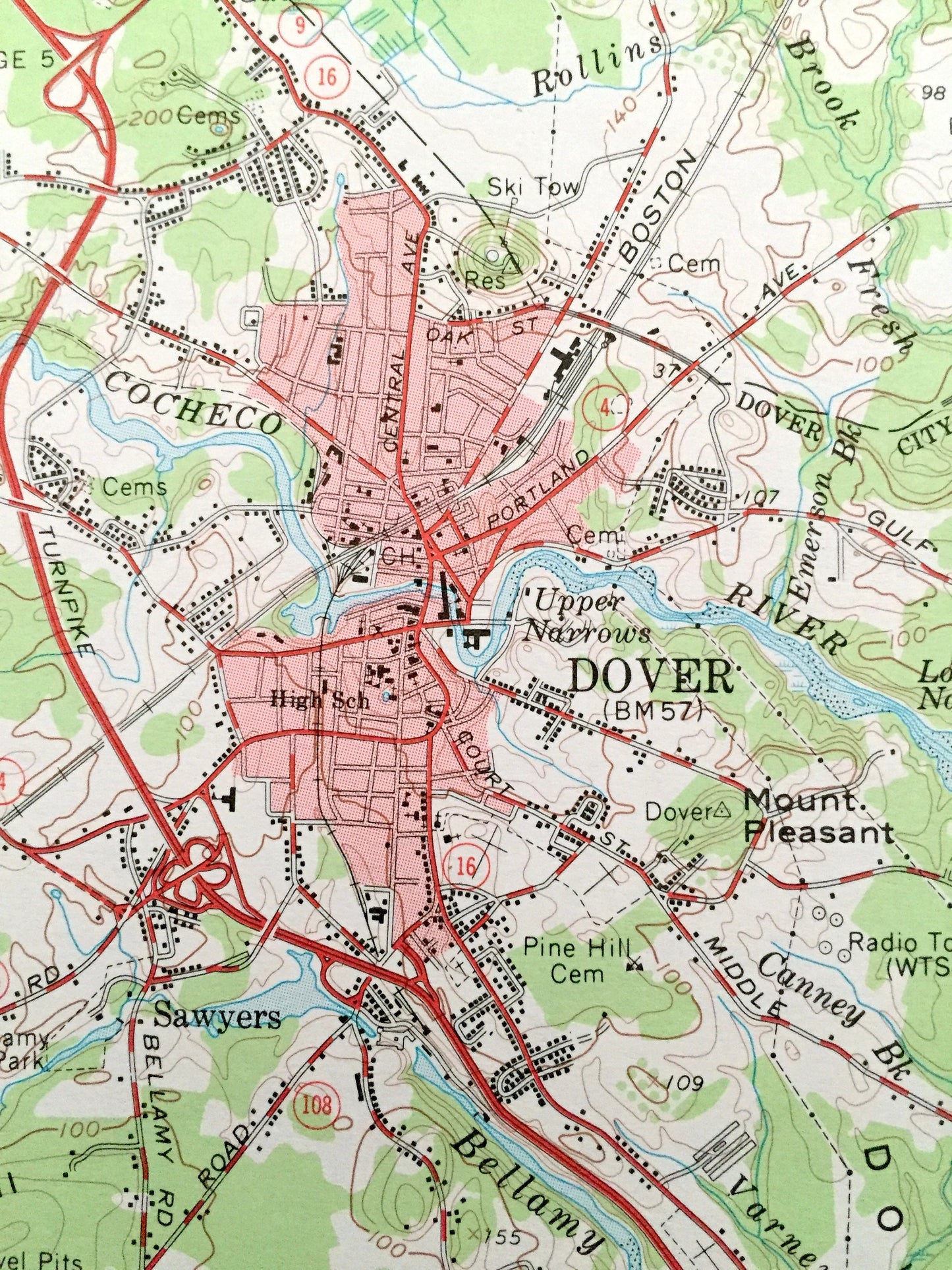 Antique Dover, New Hampshire 1956 US Geological Survey Topographic Map – Portsmouth, Durham, Pease, Great Bay, Kittery, Berwick, Maine, NH
