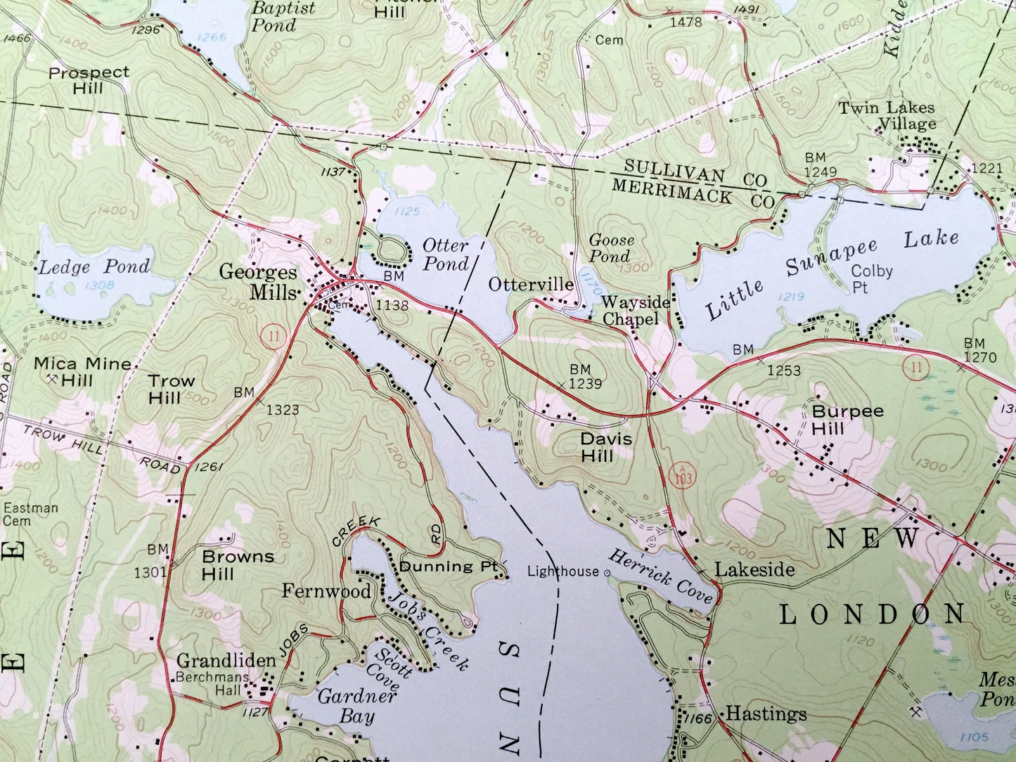 Antique Lake Sunapee, New Hampshire 1955 US Geological Survey Topographic Map – Newport, Newbury, Goshen, New London, Springfield, Croydon