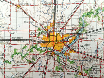 Antique Decatur, Illinois 1961 US Geological Survey Topographic Map – Springfield, Taylorville, Litchfield, Shelbyville, Effingham, Mattoon