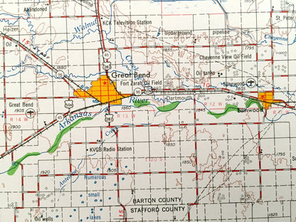 Antique Great Bend, Kansas 1958 US Geological Survey Topographic Map – Hoisington, Ellinwood, Larned, La Crosse, Ness City, Hays, Ellsworth