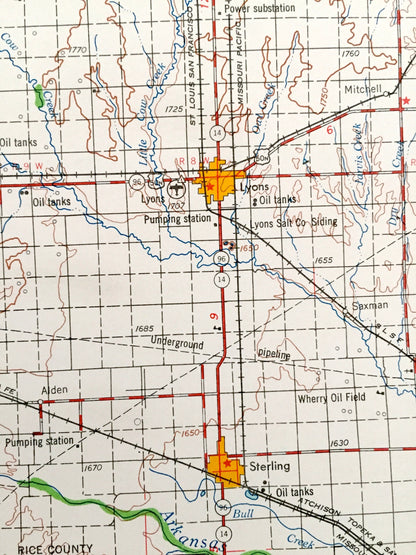 Antique Great Bend, Kansas 1958 US Geological Survey Topographic Map – Hoisington, Ellinwood, Larned, La Crosse, Ness City, Hays, Ellsworth