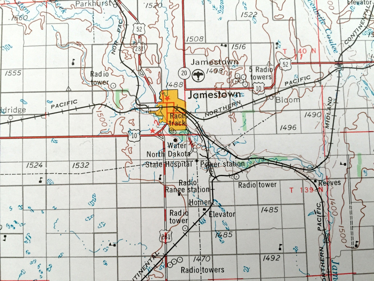 Antique Jamestown, North Dakota 1954 US Geological Survey Topographic Map – Valley City, La Moure, Oakes, Ellendale, Napoleon, Wishek, Kulm