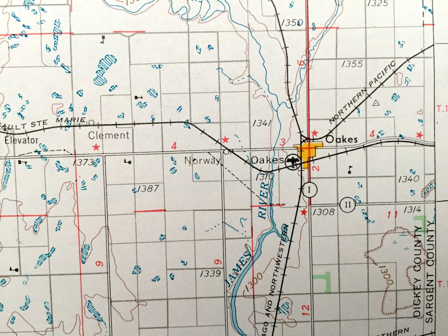 Antique Jamestown, North Dakota 1954 US Geological Survey Topographic Map – Valley City, La Moure, Oakes, Ellendale, Napoleon, Wishek, Kulm