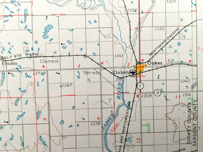 Antique Jamestown, North Dakota 1954 US Geological Survey Topographic Map – Valley City, La Moure, Oakes, Ellendale, Napoleon, Wishek, Kulm