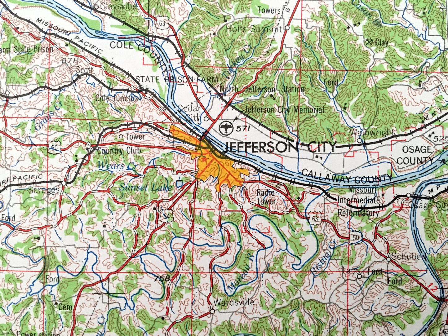 Antique Jefferson City, Missouri 1959 US Geological Survey Topographic Map – Columbia, Sedalia, Clinton, Warrensburg, Sweet Spring, Tipton