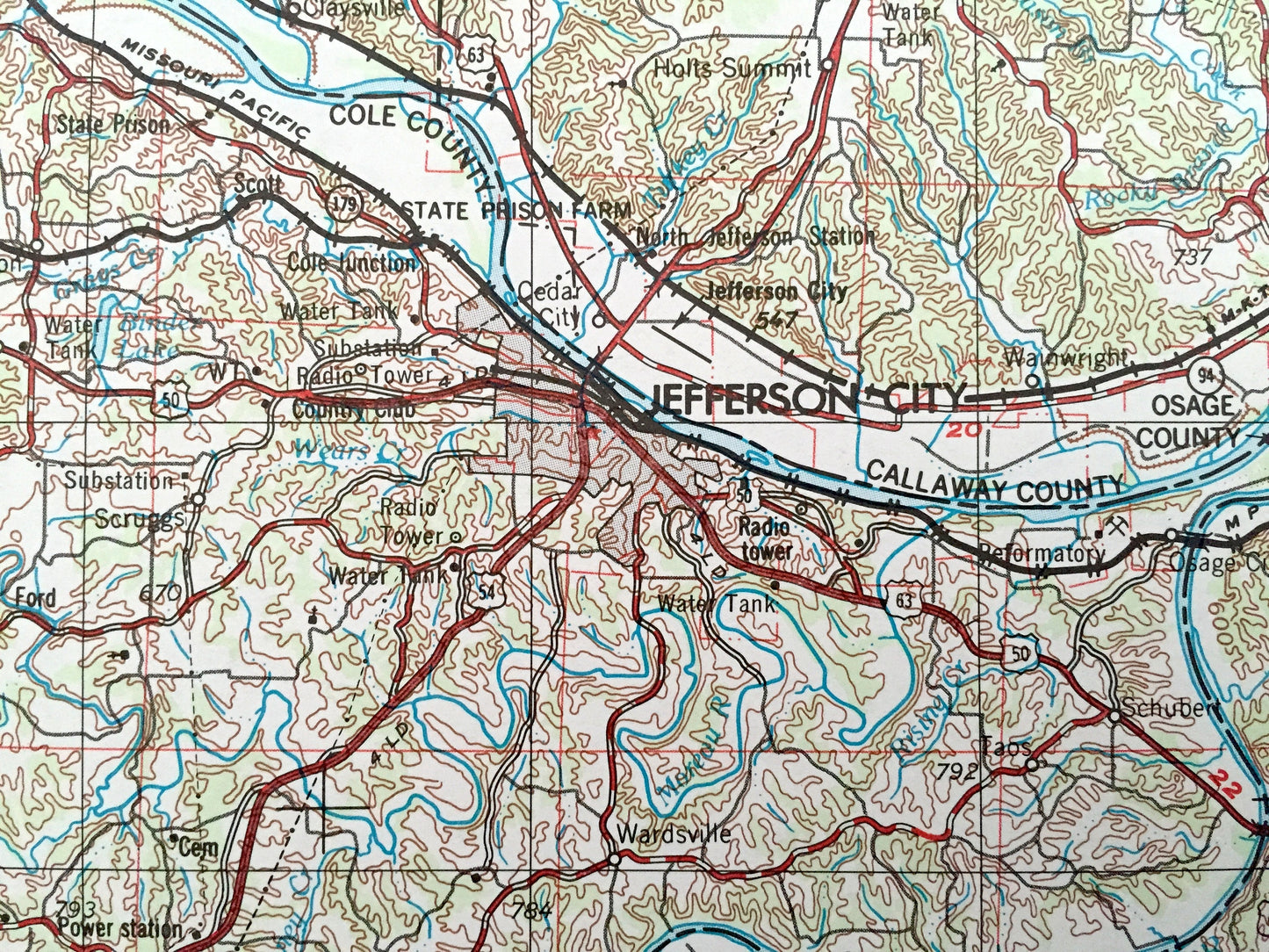 Antique Jefferson City, Missouri 1955 US Geological Survey Topographic Map – Columbia, Sedalia, Clinton, Warrensburg, Sweet Spring, Tipton