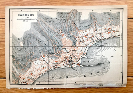 Antique 1904 Sanremo, Italy Map from Baedekers Guide – Imperia, Liguria, Villa Ormond, Casino, Mare Ligurio, Ariston Theater, San Remo