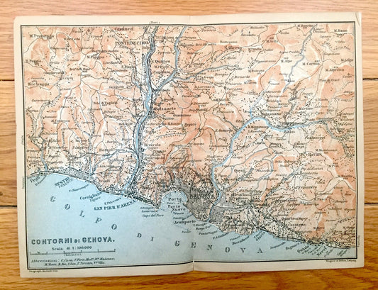 Antique 1904 Contorni di Genoa, Italy Map from Baedekers Guide – Liguria, Genova, Pontedecimo, Sestri, Nervi, Bolzaneto, Trensasco, Pegli
