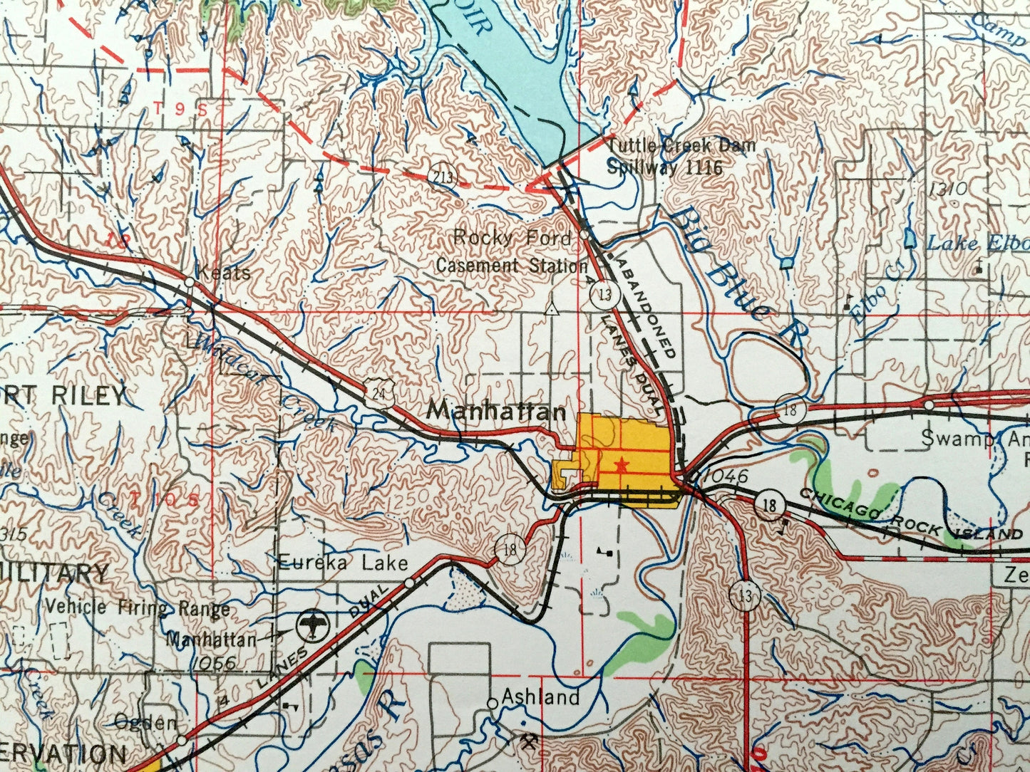 Antique Manhattan, Kansas 1955 US Geological Survey Topographic Map – Junction City, Clay Center, Minneapolis Concordia Belleville Wamego KS