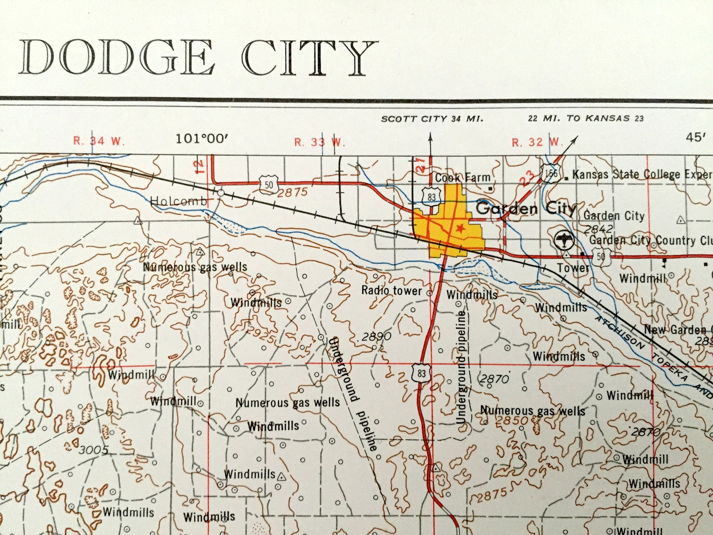 Antique Dodge City, Kansas 1959 US Geological Survey Topographic Map – Cimarron, Ulysses, Hugoton, Elkhart, Liberal, Plains, Meade, Fowler