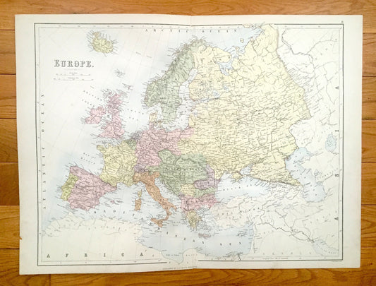Antique 1888 Europe Map from A & C Black's World Atlas – England, France, Russia, Germany, Switzerland, Dublin, Stockholm, Madrid, Istanbul