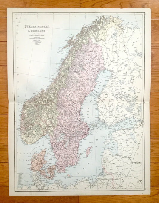 Antique 1888 Scandinavia Map from A & C Black's World Atlas – Norway, Sweden, Denmark, Finland, Russia, Stockholm, Bergen, Oulu, Baltic Sea
