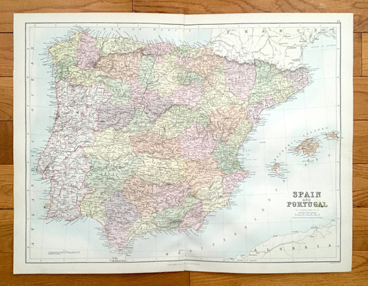Antique 1888 Spain and Portugal Map from A & C Black's World Atlas – Madrid, Barcelona, Lisbon, Coimbra, Serra da Estrela, Gulf of Valencia