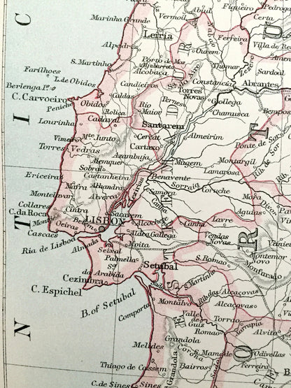 Antique 1888 Spain and Portugal Map from A & C Black's World Atlas – Madrid, Barcelona, Lisbon, Coimbra, Serra da Estrela, Gulf of Valencia