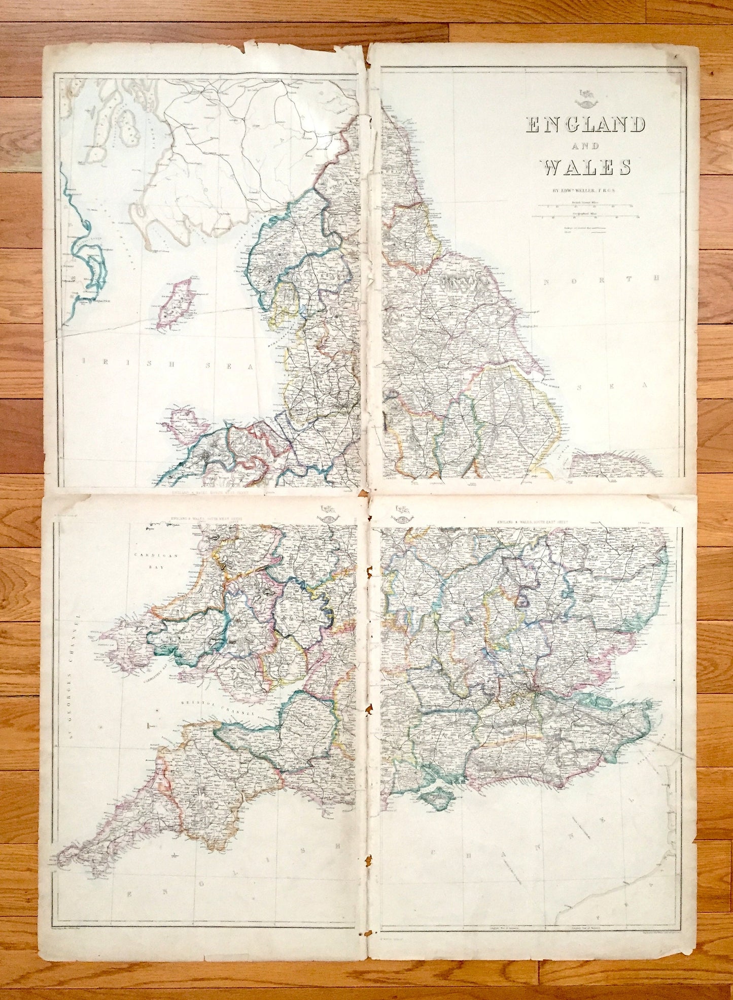 Antique 1863 England and Wales Map by Weller & Weekly Dispatch – Scotland, Ireland, Isle of Man, London, Cornwall Sussex Brighton Glasgow UK
