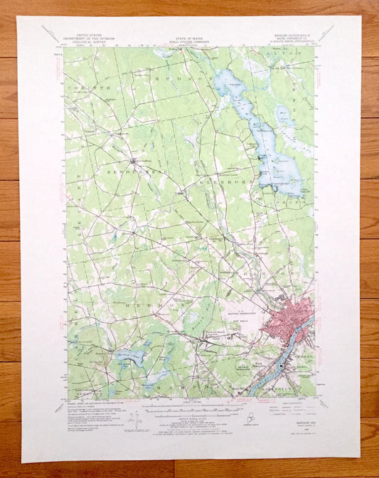Antique Bangor, Maine 1955 US Geological Survey Topographic Map – Brewer, Hampden, Hermon, Orono, Pushaw Lake, Old Town, Penobscot County ME