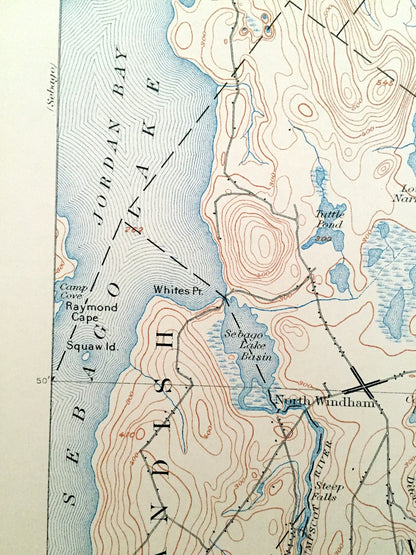 Antique Sebago Lake, Maine 1898 US Geological Survey Topographic Map – Cumberland County, Gray, Raymond, Poland, New Gloucester, Standish ME