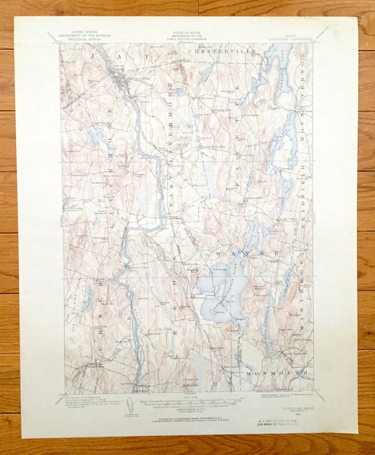 Antique Livermore Falls, Maine 1910 US Geological Survey Topographic Map – Androscoggin River & Lake, Wayne, Leeds, Fayette, Mount Vernon ME