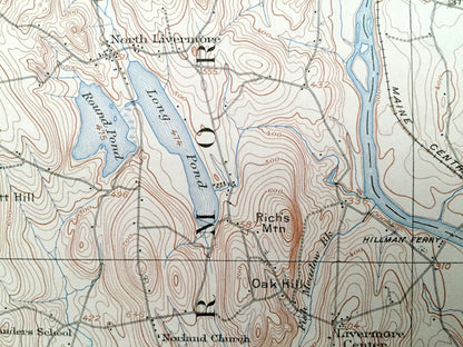 Antique Livermore Falls, Maine 1910 US Geological Survey Topographic Map – Androscoggin River & Lake, Wayne, Leeds, Fayette, Mount Vernon ME