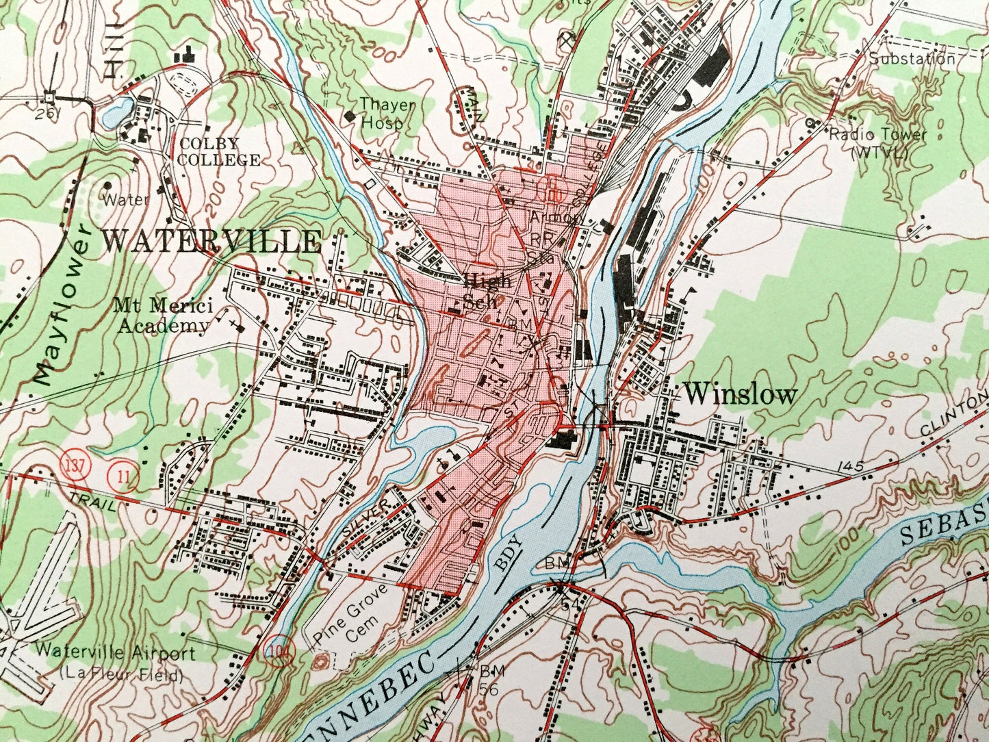 Antique Waterville, Maine 1957 US Geological Survey Topographic Map – Skowhegan, Fairfield, Clinton, Benton, Oakland, Somerset, Kennebec