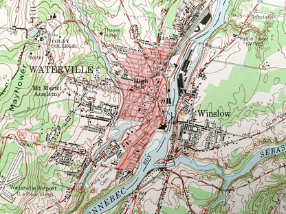 Antique Waterville, Maine 1957 US Geological Survey Topographic Map – Skowhegan, Fairfield, Clinton, Benton, Oakland, Somerset, Kennebec