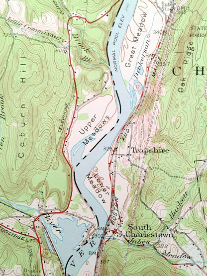 Antique Bellows Falls, Vermont & New Hampshire 1957 US Geological Survey Topographic Map – Walpole, Rockingham, Charlestown, Gilsum Surry VT