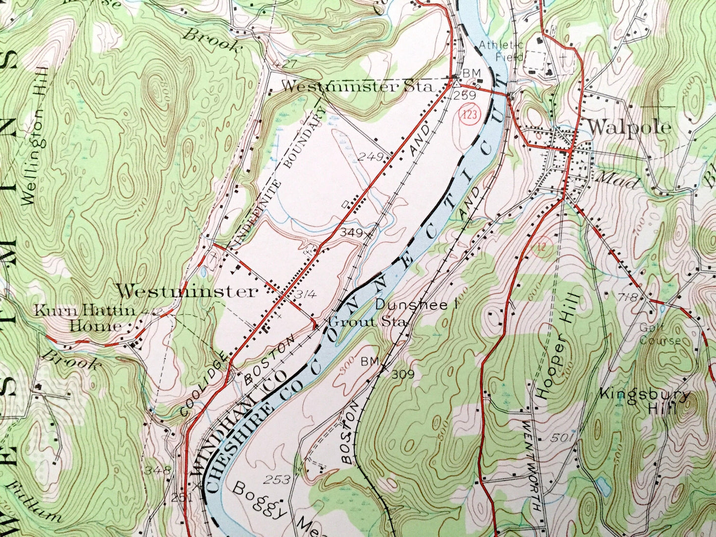 Antique Bellows Falls, Vermont & New Hampshire 1957 US Geological Survey Topographic Map – Walpole, Rockingham, Charlestown, Gilsum Surry VT